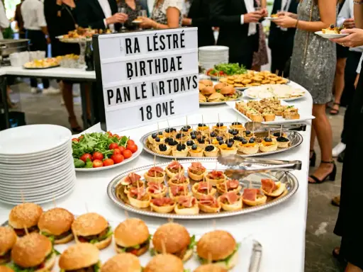 Buffet anniversaire ado 18 ans : mini-burgers, tartines, brochettes et salade fraîche. Une fête réussie !