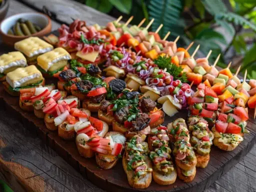 Un plateau garni de bruschettas variées et de brochettes colorées, parfait pour un apéro pas cher pour 20 personnes.