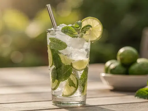 Un verre de cocktail sans citron, rempli de glaçons, menthe fraîche et rondelles de citron vert, sur une table en bois.