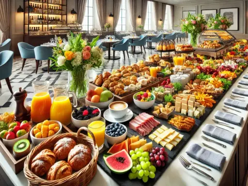 Un somptueux buffet petit déjeuner avec viennoiseries, fruits frais, jus d'orange, café et fromages.
