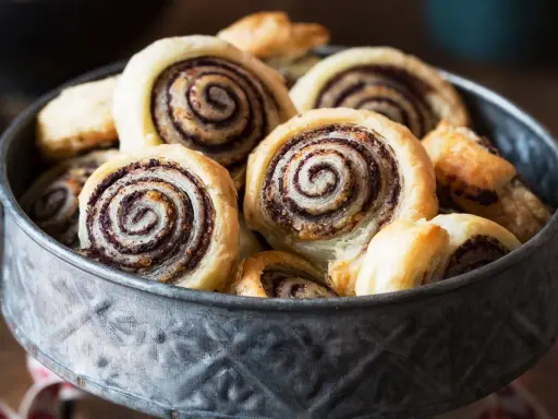 Un bol rempli de feuilletés tapenade, des roulés dorés à la pâte feuilletée croustillante et à la garniture sombre et savoureuse.