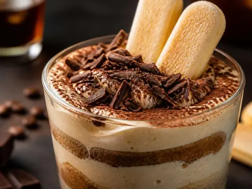 Un délicieux tiramisu, avec des couches de biscuits à la cuillère imbibés de café et de crème, saupoudré de cacao et garni de copeaux de chocolat noir. Un vrai plaisir moka chocolat.