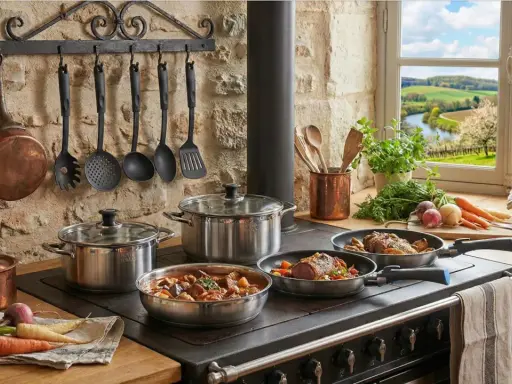 Cuisine rustique avec ustensiles en cuivre et acier inoxydable, montrant l'avantage acier inoxydable pour une cuisson parfaite. Paysage bucolique en arrière-plan.