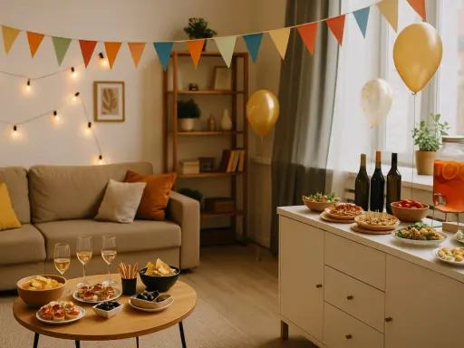 Décoration festive pour une pendaison de crémaillère : guirlandes, ballons, canapés confortables et buffet garni de mets délicieux.