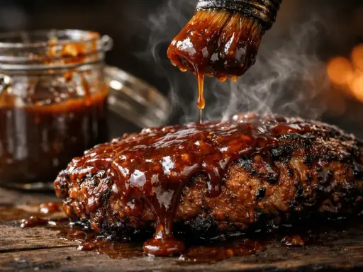 Un pinceau dépose une sauce pour barbecue brillante et fumante sur un plat de viande grillée. Un pot de sauce est visible en arrière-plan.