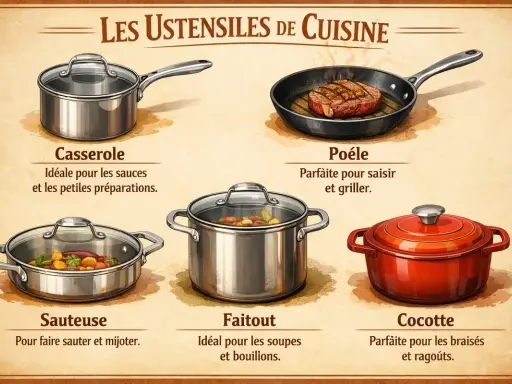 Illustration des ustensiles de cuisine. La différence entre cocotte et faitout est claire : la cocotte est rouge et idéale pour les braisés, le faitout est argenté pour soupes et bouillons.