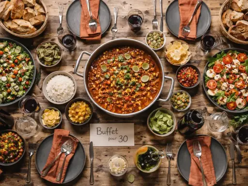 Un festin pour une cousinade : un buffet généreux avec salades, riz, ragoût, pain et guacamole.