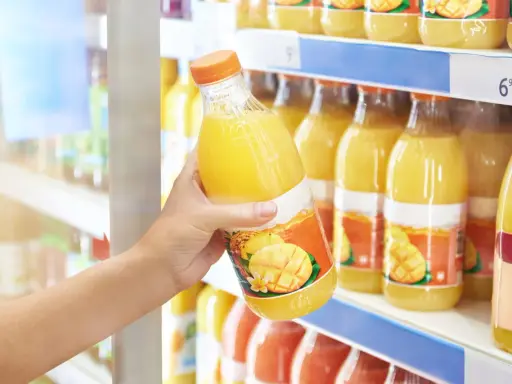 Une main choisit une bouteille de ce qui semble être le meilleur jus de fruit, avec des mangues et des ananas sur l'étiquette.