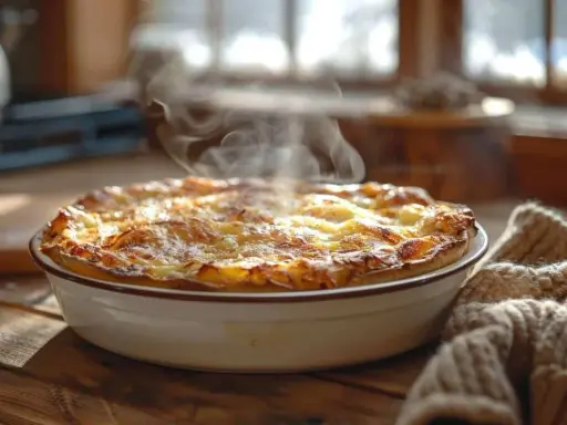 Un plat gratiné et fumant sort du four, prêt à être dégusté. La chaleur s'échappe doucement, promettant un délice réconfortant.