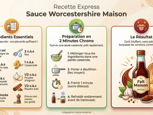 Recette de sauce Worcestershire maison : vinaigre, sauce soja, cassonade, épices. Un délice rapide à préparer !