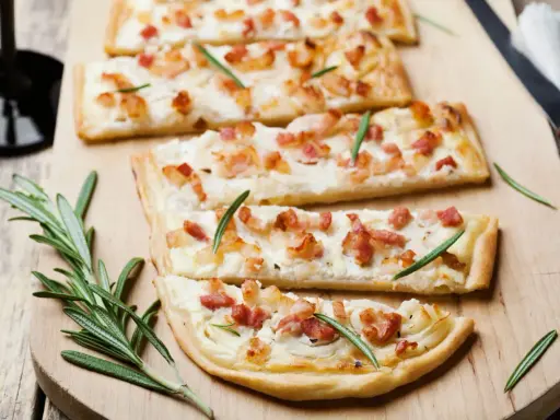 Quatre tartes flambées, une délicieuse entrée alsacienne, garnies de lardons et de romarin sur une planche en bois.