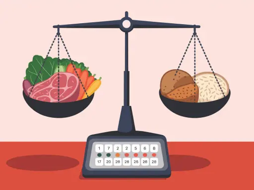 Balance alimentaire : une balance pèse une pièce de viande pour un anniversaire avec des légumes d'un côté, et du pain de l'autre.