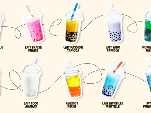 Dix bubble tea aux saveurs variées : mangue fraise, fraise, passion tapioca, taro, pomme verte myrtille, papaye citron, coco ananas, abricot pêche, myrtille, et myrtille pomme verte.