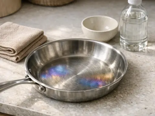 Casserole inox avec des taches bleues iridescentes sur le fond, à côté d'une serviette pliée et d'une bouteille de liquide.