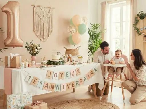 Une famille célèbre la fête découverte bébé avec un gâteau, des ballons et une bannière "Joyeux 1er Anniversaire".