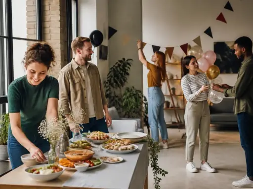 Préparatifs joyeux pour une fête familiale. Des amis décorent, gonflent des ballons et dressent une table garnie de plats savoureux.