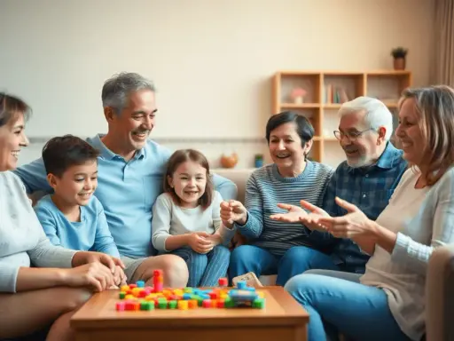 Famille réunie autour d'un jeu de construction coloré, un joyeux rallye photo enfant en perspective.