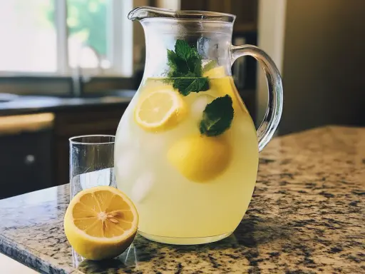 Un pichet de citronnade maison rafraîchissante, garni de citrons et de menthe, prêt à être servi avec un verre et un demi-citron sur un comptoir.