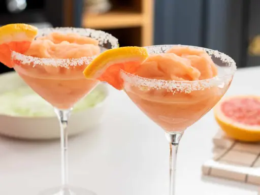 Deux cocktails givrés au pamplemousse, bordés de sucre, parfaits pour un cocktail pour 20 personnes original.
