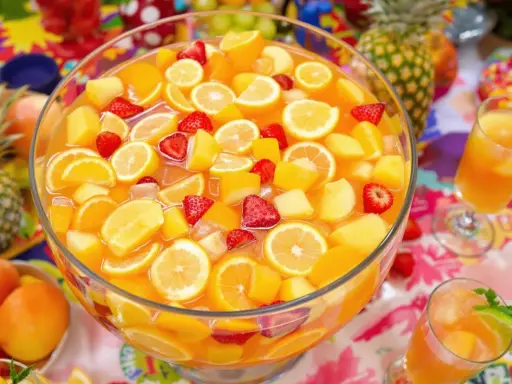 Un grand bol de punch aux fruits colorés, parfait pour une recette de punch sans alcool pour 30 personnes. Fraises, oranges, citrons et morceaux de pêche flottent dans un liquide orangé.