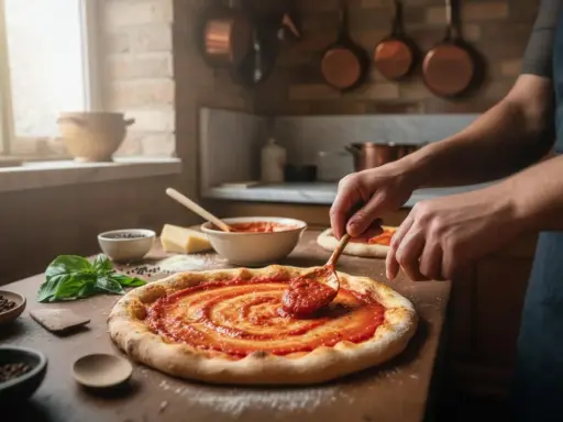 Une main étalant de la sauce tomate sur une pâte à pizza, des ingrédients frais à proximité, pour faire une pizza maison.
