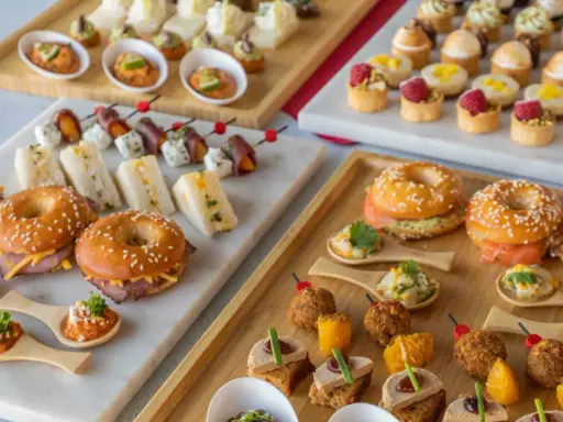 Plateau de finger food varié : mini-bagels, toasts, brochettes et verrines. Parfait pour un apéritif gourmand.