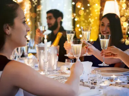 Des amis trinquant avec du champagne lors d'une fête. Une belle idée jeu du goût adulte pour animer la soirée.