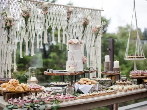 Un buffet de mariage bohème avec un gâteau à trois étages, des petits fours, des verrines et des pains. Une décoration macramé et florale complète cette idée repas mariage.