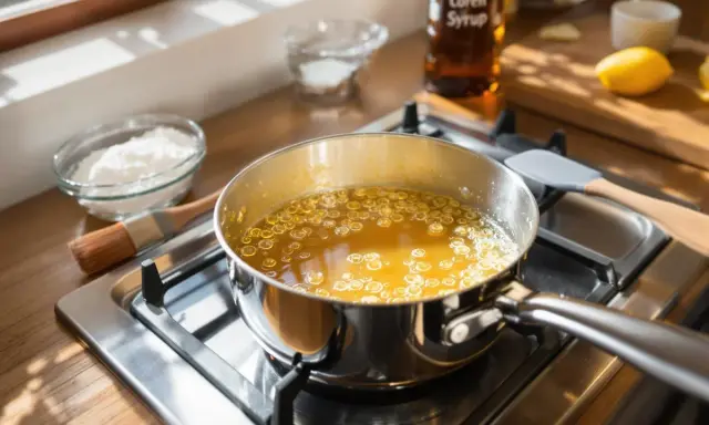 Une casserole de liquide doré bouillonne sur la cuisinière. Des ingrédients comme du sucre glace et un citron sont à proximité, suggérant une recette. Apprenez comment enlever du caramel dans une casserole.
