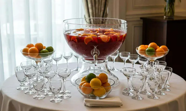Un grand punch Lafayette débordant de fruits, entouré de verres et de bols d'oranges et de citrons verts, prêt pour une fête.