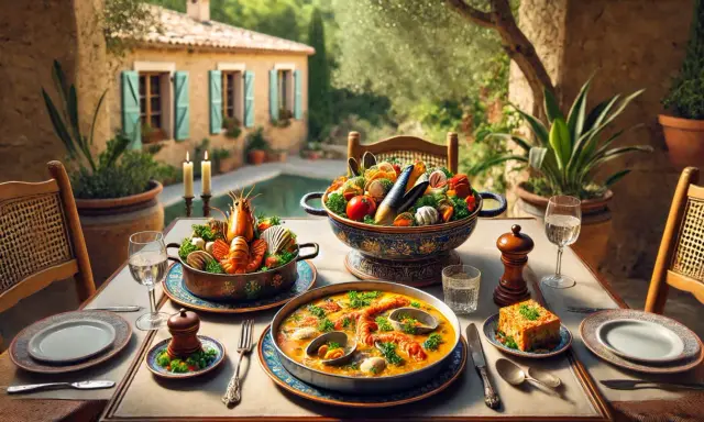 Un festin de fruits de mer et de légumes, un vrai repas provençal, servi sur une terrasse ensoleillée avec une piscine en arrière-plan.