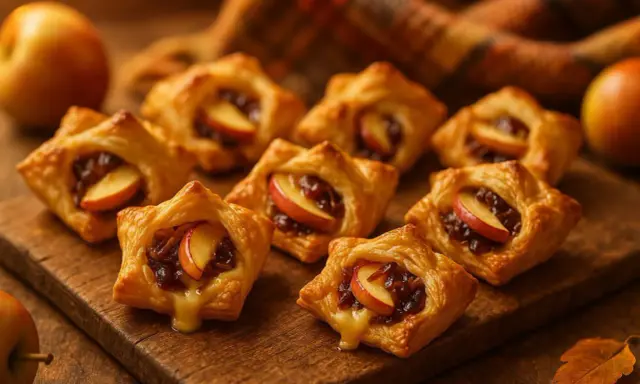 Petits fours salés en pâte feuilletée, garnis de pommes caramélisées et d'un soupçon de fromage fondant. Parfaits pour un apéritif gourmand.