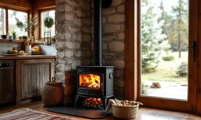 Poêle à bois crépitant, cuisine rustique. Peut-on mettre une poêle au four ? Non, mais ce poêle chauffe la pièce !