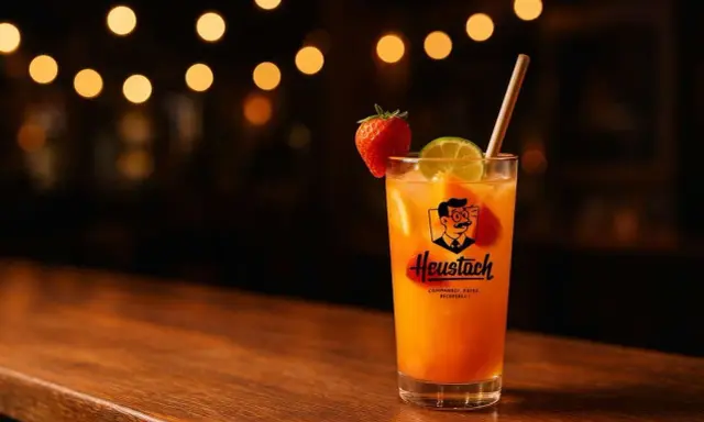 Un verre de punch sans alcool, garni de fruits frais et d'une paille, sur un bar en bois, avec des lumières douces en arrière-plan.
