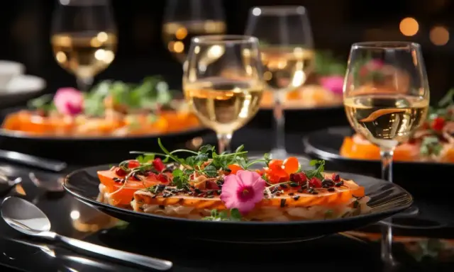 Un délicieux repas EVJF avec des assiettes raffinées, des garnitures colorées et des verres de vin blanc pétillant.