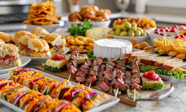 Un festin de petit four apéro : brochettes de viande, mini-sandwichs, fromages, olives et chips. Parfait pour un apéritif convivial.