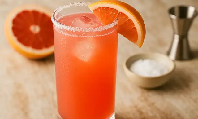 Un verre de Paloma, cocktail rose vif, garni d'une tranche de pamplemousse et de sel. La recette est simple et rafraîchissante.