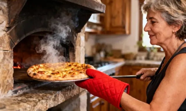 Une femme sort une pizza dorée d'un four à bois. La vapeur s'échappe, promettant un délice à cuire.