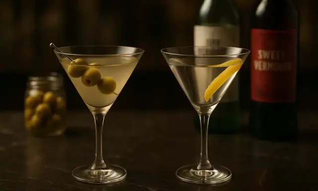 Deux martinis, l'un garni de trois olives, l'autre d'un zeste de citron. Un pot d'olives et des bouteilles de vermouth en arrière-plan.