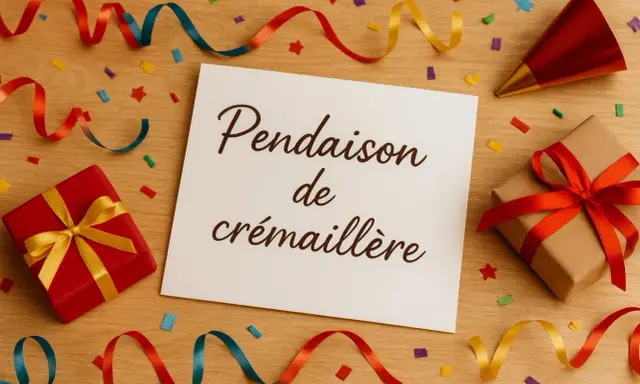 Carte "Pendaison de crémaillère" entourée de cadeaux, confettis et serpentins. Idéal pour organiser une crémaillère festive !