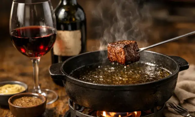 Un morceau de bœuf est plongé dans l'huile bouillante d'une fondue bourguignonne. Un verre de vin rouge et des sauces accompagnent ce plat savoureux.