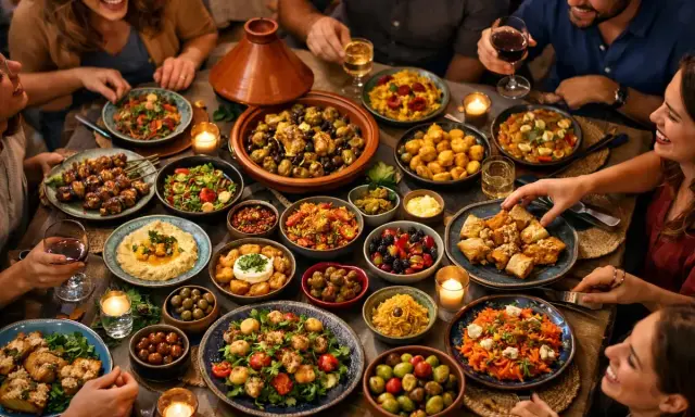 Un groupe d'amis partage un déjeuner convivial autour d'une table remplie de plats variés et colorés.