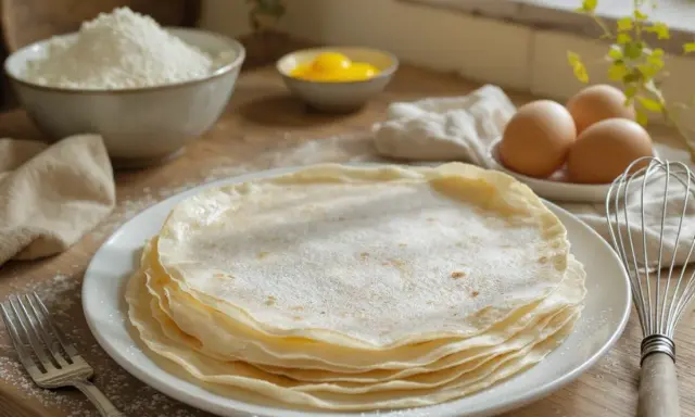 Une pile de crêpes de riz fines et dorées, saupoudrées de sucre glace, prêtes à être dégustées. Des ingrédients pour les préparer sont disposés autour.