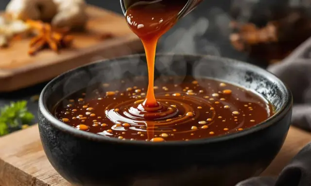 Une sauce épaisse et brillante, probablement une marinade teriyaki, coule d'un pichet dans un bol. Des bulles dorées flottent à la surface.