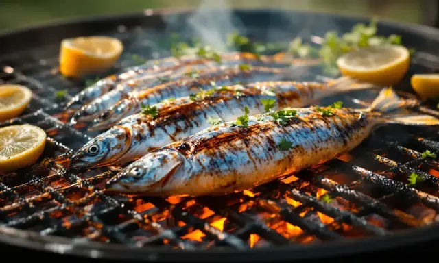 Sardines grillées sur le feu, parsemées de persil et accompagnées de quartiers de citron. Une délicieuse sardinade recette à savourer.