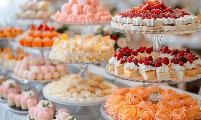 Un magnifique buffet dessert avec macarons roses, tartes aux fruits rouges et gâteaux individuels garnis de crème et de fruits.