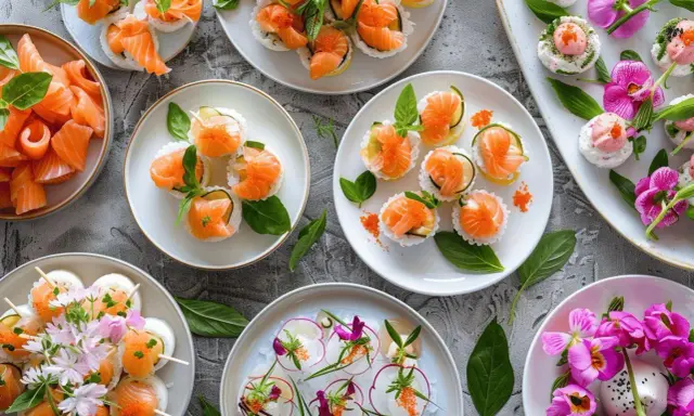Idée entrée froide mariage : assortiment de sushis et makis raffinés, décorés de saumon, œufs de poisson, herbes fraîches et fleurs comestibles.