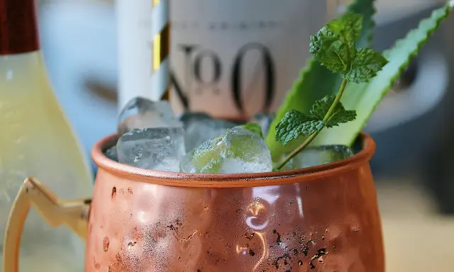 Un Moscow Mule rafraîchissant dans sa tasse en cuivre, garni de menthe et d'une tranche d'agrume.