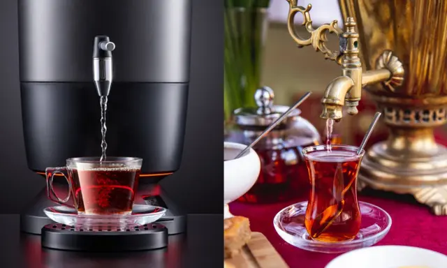 Comparaison de deux méthodes de préparation du thé : un samovar traditionnel et un distributeur moderne. Le samovar fonctionnement est illustré par un robinet doré versant du thé dans un verre.
