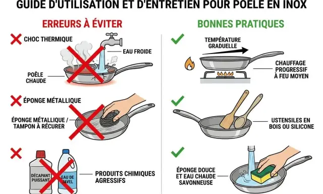 Guide pour nettoyer dessous poêle en inox : éviter choc thermique, éponge métallique et produits agressifs. Privilégier chauffe progressive, ustensiles bois/silicone et éponge douce.